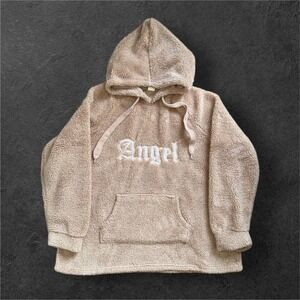 End of Story Sherpa Fleece Hoodie Women XL Tan Beige Embroidered Pullover Angel